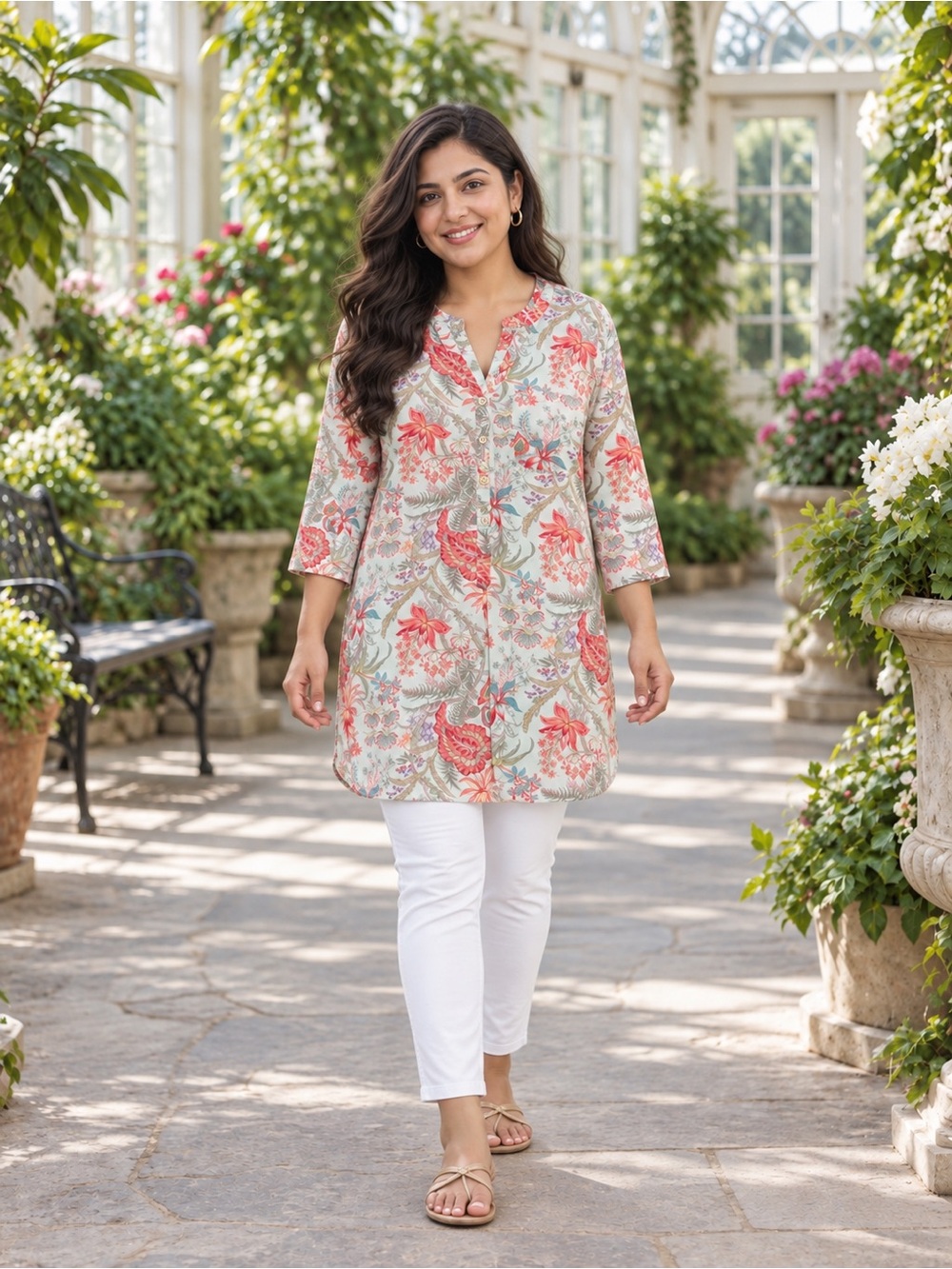 Soft Surroundings Coral and Sage Floral Tunic